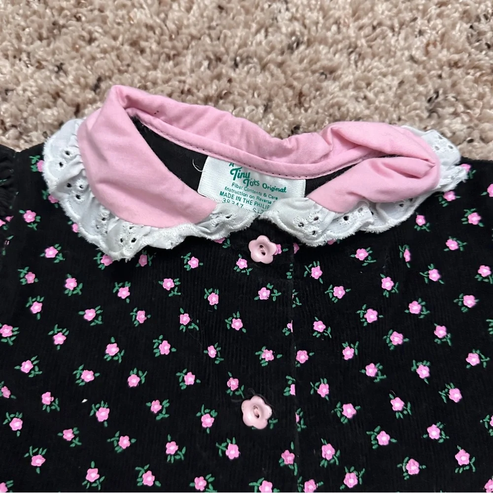 Vintage Tiny Tots Black & Pink Floral Corduroy Jumpsuit Baby Girl Size 18 Months